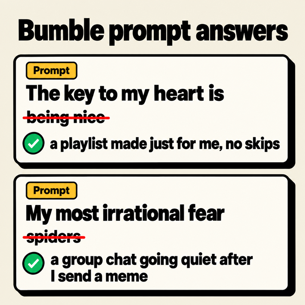 Two Bumble prompt cards headed Bumble prompt answers: the key to my heart is, with being nice crossed out and a playlist made just for me, no skips ticked, and my most irrational fear, with spiders crossed out and a group chat going quiet after I send a meme ticked
