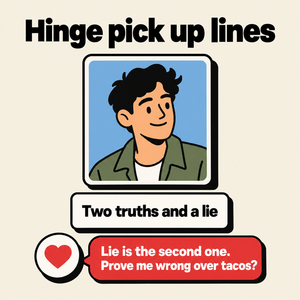 A card headed Hinge pick up lines showing a profile photo, a prompt reading two truths and a lie, and a like with the comment lie is the second one, prove me wrong over tacos
