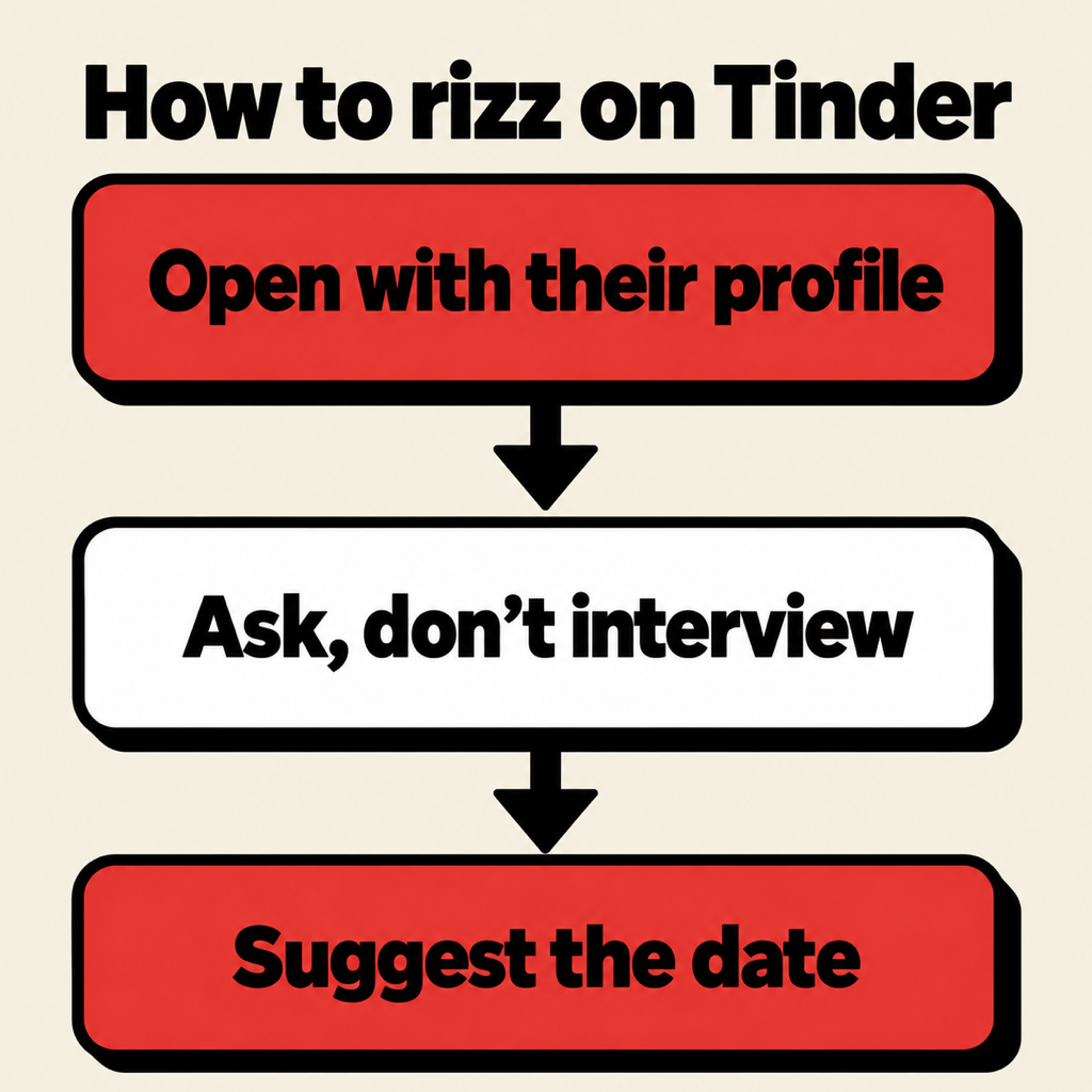 A three step flow headed How to rizz on Tinder: open with their profile, ask, don’t interview, then suggest the date
