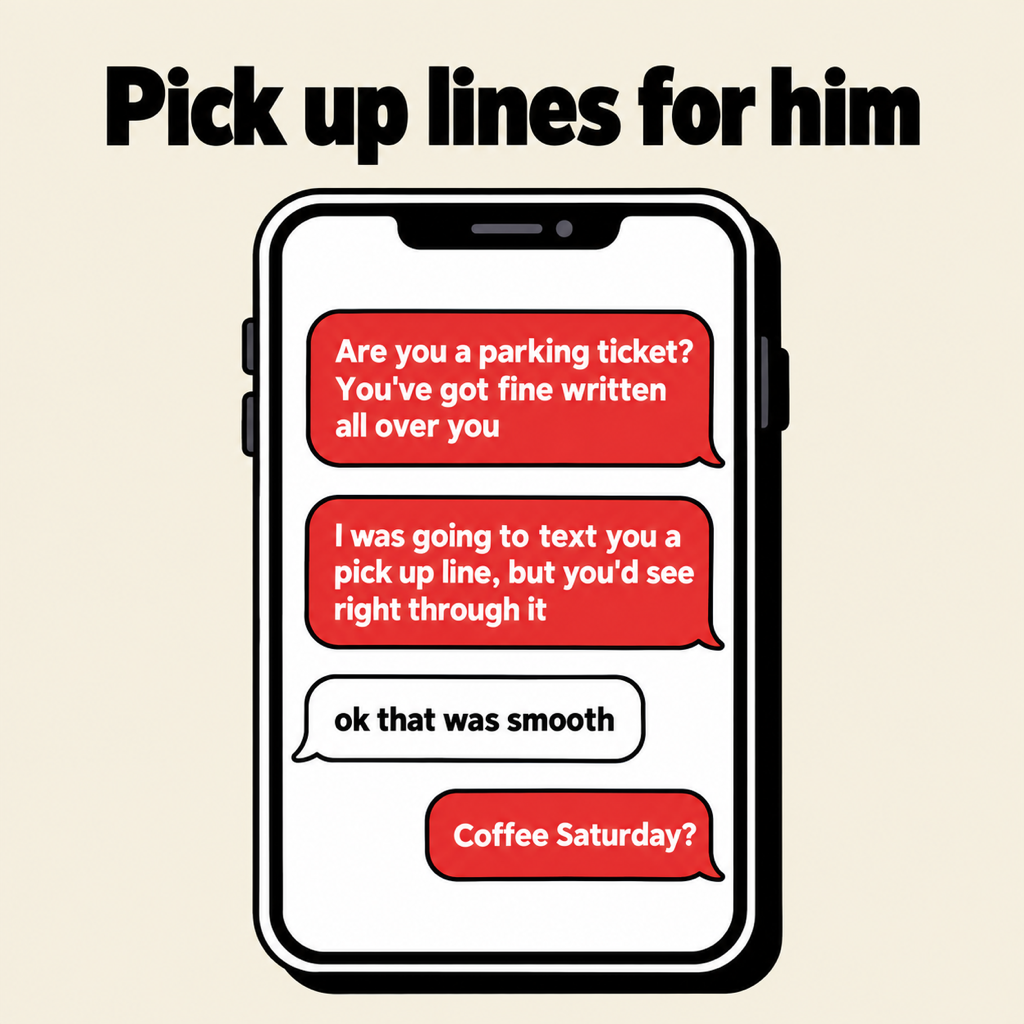 A phone chat headed Pick up lines for him: messages reading are you a parking ticket, you have got fine written all over you, and I was going to text you a pick up line but you would see right through it, a reply saying ok that was smooth, and a final message asking coffee Saturday